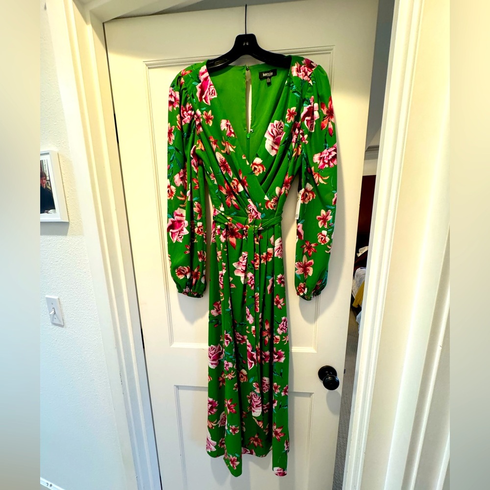 Kensie green floral faux wrap long sleeve dress